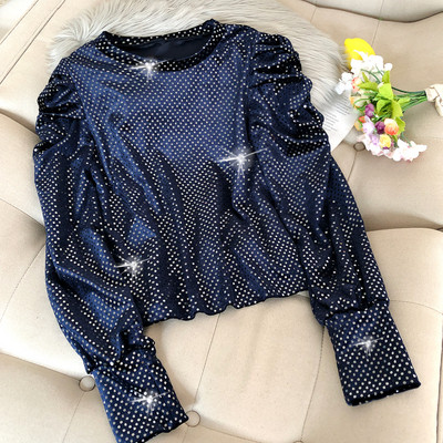 Modern női blúz flitterekkel és puffos ujjakkal bordó, rózsaszín, kék, barna, fehér és fekete színben