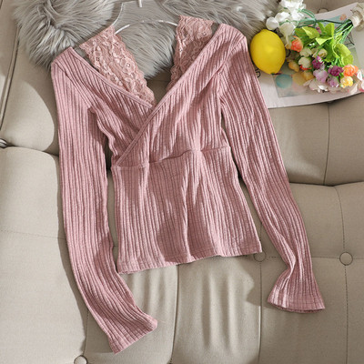 Μοντέρνα λεπτή πλεκτή μπλούζα με δαντέλα σε καφέ, άσπρο, μαύρο και ροζ χρώμα