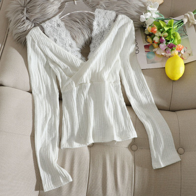 Μοντέρνα λεπτή πλεκτή μπλούζα με δαντέλα σε καφέ, άσπρο, μαύρο και ροζ χρώμα