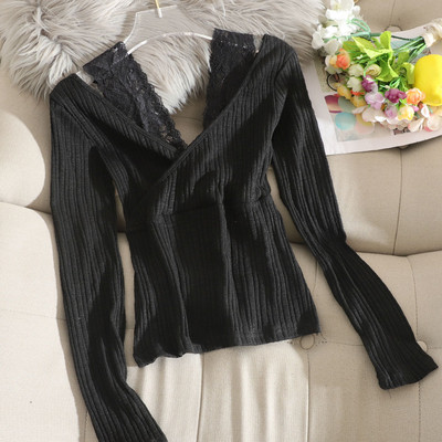 Μοντέρνα λεπτή πλεκτή μπλούζα με δαντέλα σε καφέ, άσπρο, μαύρο και ροζ χρώμα