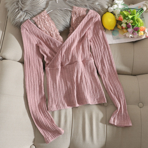 Μοντέρνα λεπτή πλεκτή μπλούζα με δαντέλα σε καφέ, άσπρο, μαύρο και ροζ χρώμα