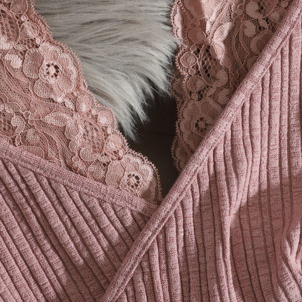 Μοντέρνα λεπτή πλεκτή μπλούζα με δαντέλα σε καφέ, άσπρο, μαύρο και ροζ χρώμα