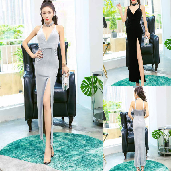 Modern női ruha mély spitz nyakkivágással és szürke és fekete színben