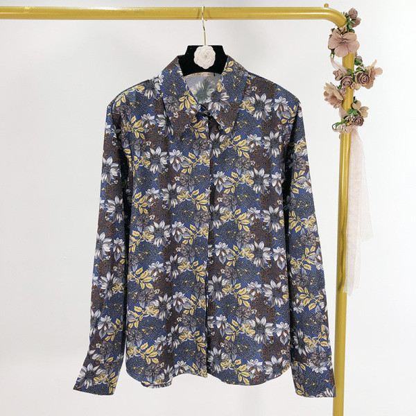 Női alkalmi ing klasszikus modell kék és virágmintával