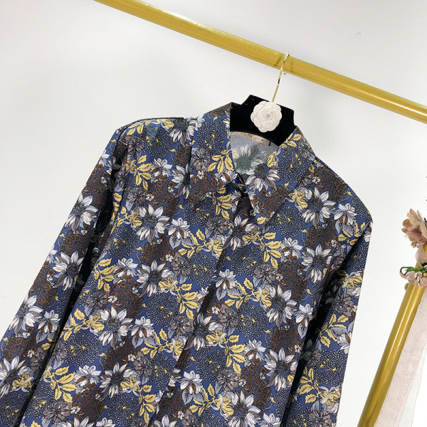 Női alkalmi ing klasszikus modell kék és virágmintával