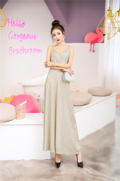 Rochie eleganta de dama cu bretele subtiri in auriu si argintiu