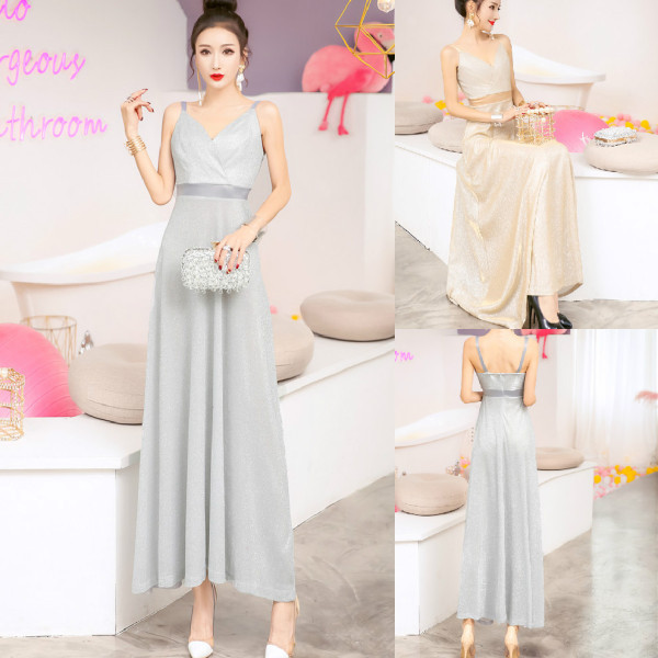 Rochie eleganta de dama cu bretele subtiri in auriu si argintiu