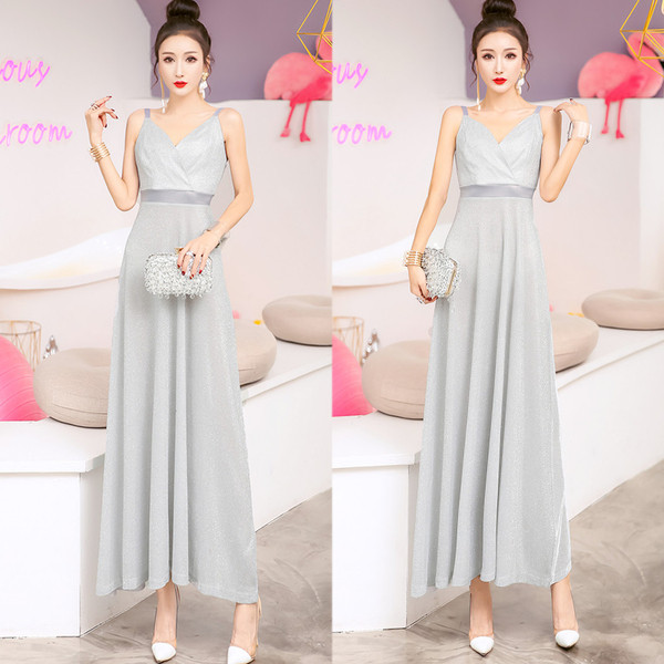 Rochie eleganta de dama cu bretele subtiri in auriu si argintiu