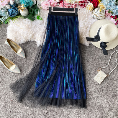 Γυναικεία μακρύ πλισέ φούστα με τούλι και διακόσμιση πέρλες σε Μπλε, Ροδάκινο, Μπεζ και Μαύρο χ΄ρωμα