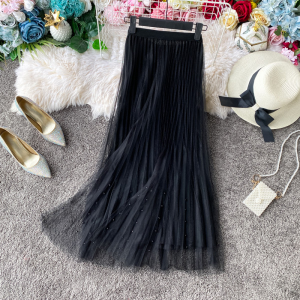 Γυναικεία μακρύ πλισέ φούστα με τούλι και διακόσμιση πέρλες  σε Μπλε, Ροδάκινο, Μπεζ και Μαύρο χ΄ρωμα