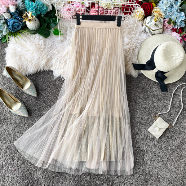 Γυναικεία μακρύ πλισέ φούστα με τούλι και διακόσμιση πέρλες  σε Μπλε, Ροδάκινο, Μπεζ και Μαύρο χ΄ρωμα