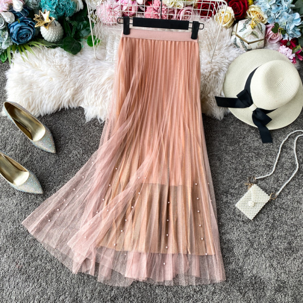 Γυναικεία μακρύ πλισέ φούστα με τούλι και διακόσμιση πέρλες  σε Μπλε, Ροδάκινο, Μπεζ και Μαύρο χ΄ρωμα