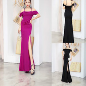 Μοντέρνο γυναικείο φόρεμα με λουράκι και γυμνούς ώμους σε μοβ και μαύρο χρώμα