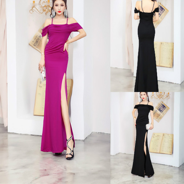 Μοντέρνο γυναικείο φόρεμα με  λουράκι και γυμνούς ώμους σε μοβ και μαύρο χρώμα