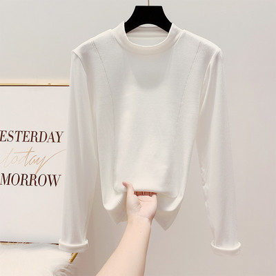 Γυναικεία πλεκτή λεπτή μπλούζα με χαμηλό κολάρο σε μαύρο, πράσινο, ροζ και λευκό χρώμα