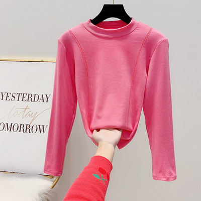 Γυναικεία πλεκτή λεπτή μπλούζα με χαμηλό κολάρο σε μαύρο, πράσινο, ροζ και λευκό χρώμα