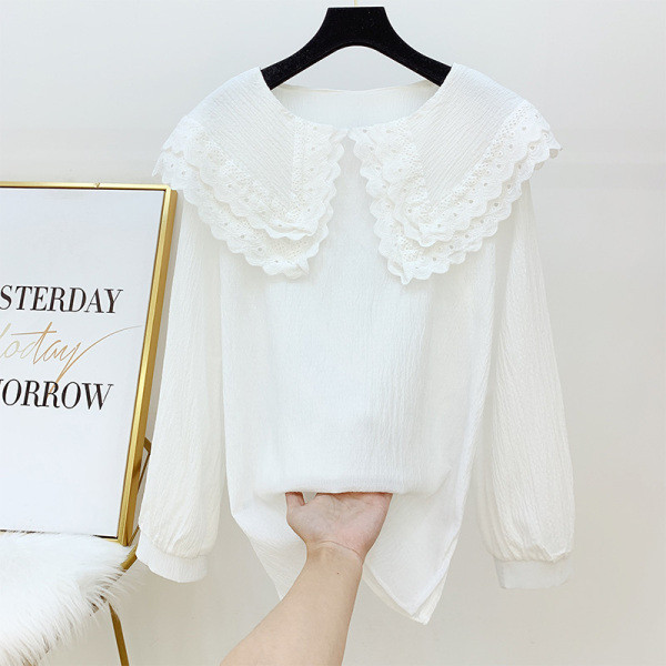 Női sifon ing csipkegallérral, fehér színben