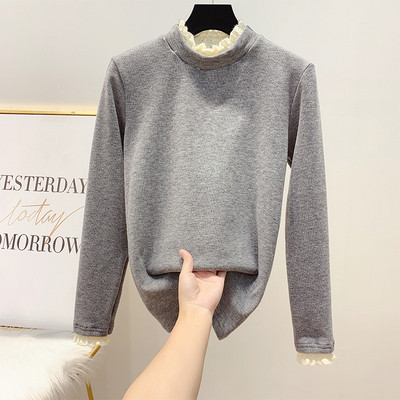 Γυναικείο πουλόβερ με κολάρο και δαντέλα σε γκρι, μαύρο, καφέ και μπεζ χρώμα