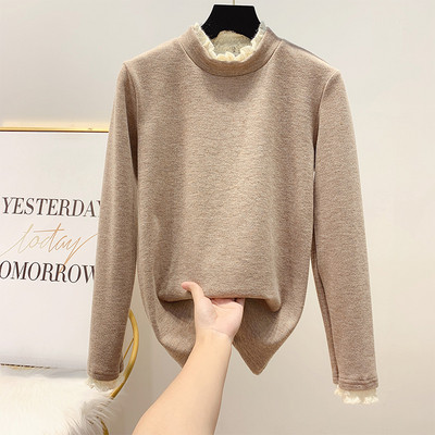 Γυναικείο πουλόβερ με κολάρο και δαντέλα σε γκρι, μαύρο, καφέ και μπεζ χρώμα