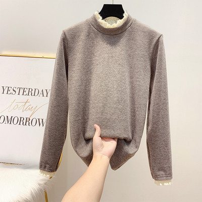 Γυναικείο πουλόβερ με κολάρο και δαντέλα σε γκρι, μαύρο, καφέ και μπεζ χρώμα