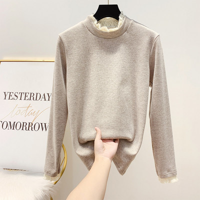 Γυναικείο πουλόβερ με κολάρο και δαντέλα σε γκρι, μαύρο, καφέ και μπεζ χρώμα