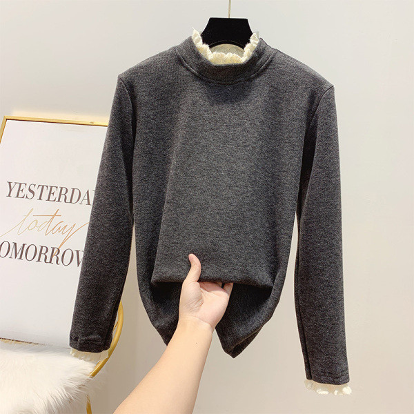 Γυναικείο πουλόβερ με κολάρο και δαντέλα σε γκρι, μαύρο, καφέ και μπεζ χρώμα