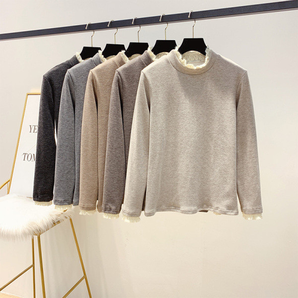 Γυναικείο πουλόβερ με κολάρο και δαντέλα σε γκρι, μαύρο, καφέ και μπεζ χρώμα