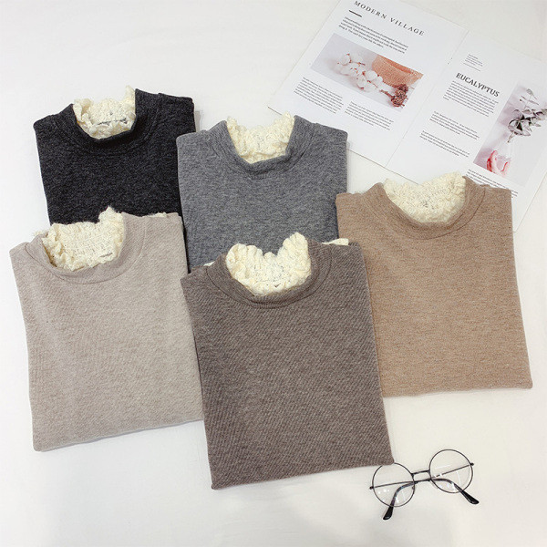 Γυναικείο πουλόβερ με κολάρο και δαντέλα σε γκρι, μαύρο, καφέ και μπεζ χρώμα