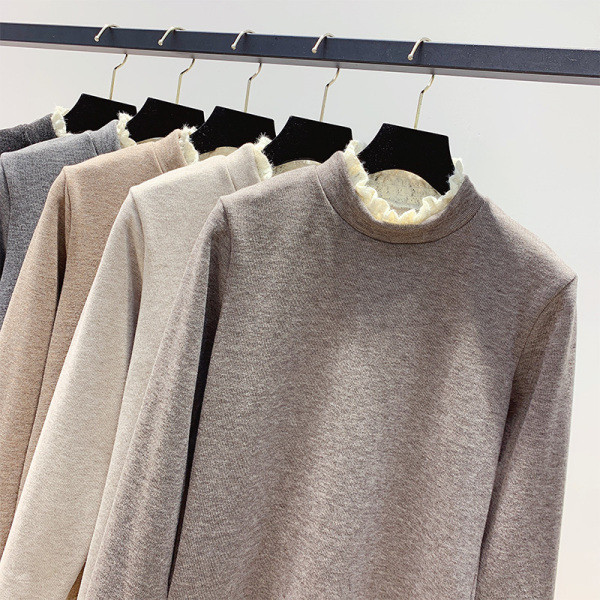 Γυναικείο πουλόβερ με κολάρο και δαντέλα σε γκρι, μαύρο, καφέ και μπεζ χρώμα