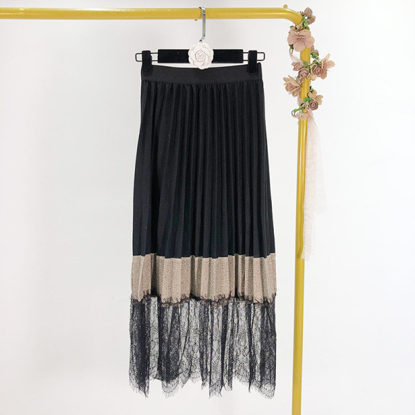 Női hajtogatott szoknya gumírozott derékkal és csipkével szürke és fekete színben