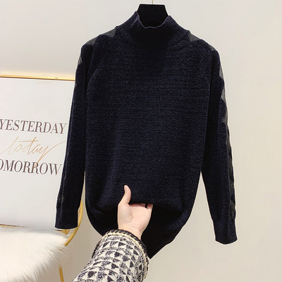 Női pulóver magas gallérral és tüll fekete színben - három modell