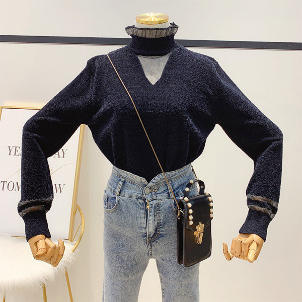 Női pulóver magas gallérral és tüll fekete színben - három modell