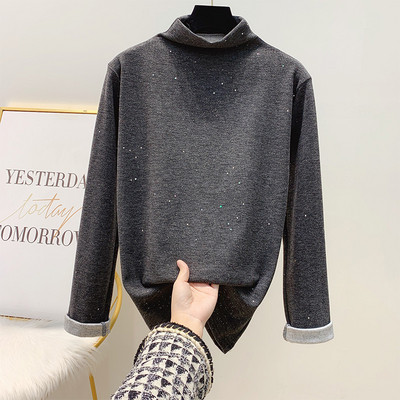 Γυναικείο πουλόβερ με γυαλιστερό εφέ και ημι-ψηλό κολάρο σε καφέ, μαύρο, γκρι και μπεζ χρώμα