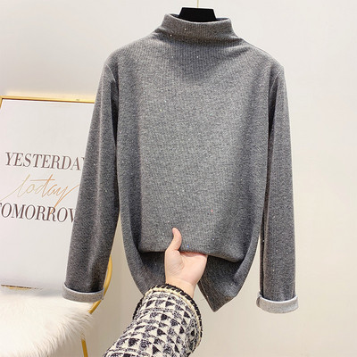 Γυναικείο πουλόβερ με γυαλιστερό εφέ και ημι-ψηλό κολάρο σε καφέ, μαύρο, γκρι και μπεζ χρώμα