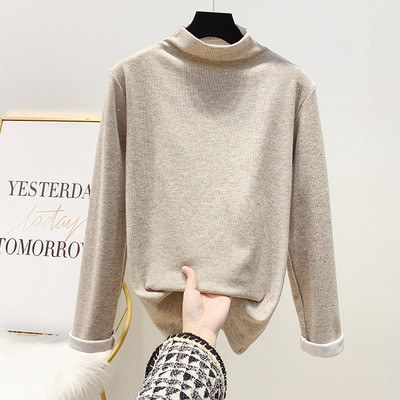 Γυναικείο πουλόβερ με γυαλιστερό εφέ και ημι-ψηλό κολάρο σε καφέ, μαύρο, γκρι και μπεζ χρώμα