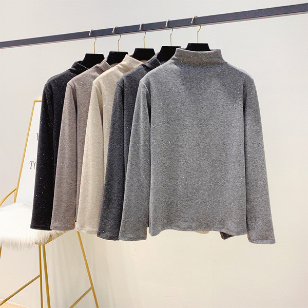 Γυναικείο πουλόβερ με γυαλιστερό εφέ και ημι-ψηλό κολάρο σε καφέ, μαύρο, γκρι και μπεζ χρώμα