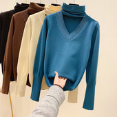 Női pulóver pólógallérral és hosszú ujjú bézs, barna, kék és fekete színben