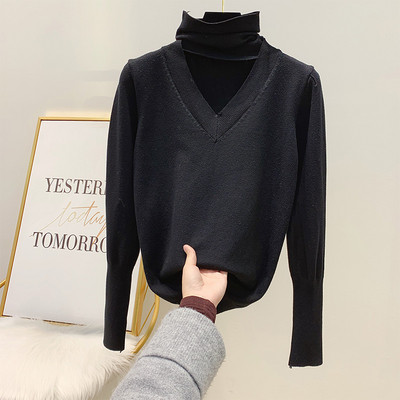 Női pulóver pólógallérral és hosszú ujjú bézs, barna, kék és fekete színben