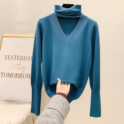 Női pulóver pólógallérral és hosszú ujjú bézs, barna, kék és fekete színben