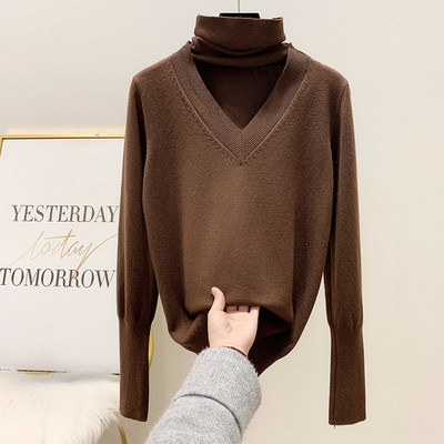 Női pulóver pólógallérral és hosszú ujjú bézs, barna, kék és fekete színben