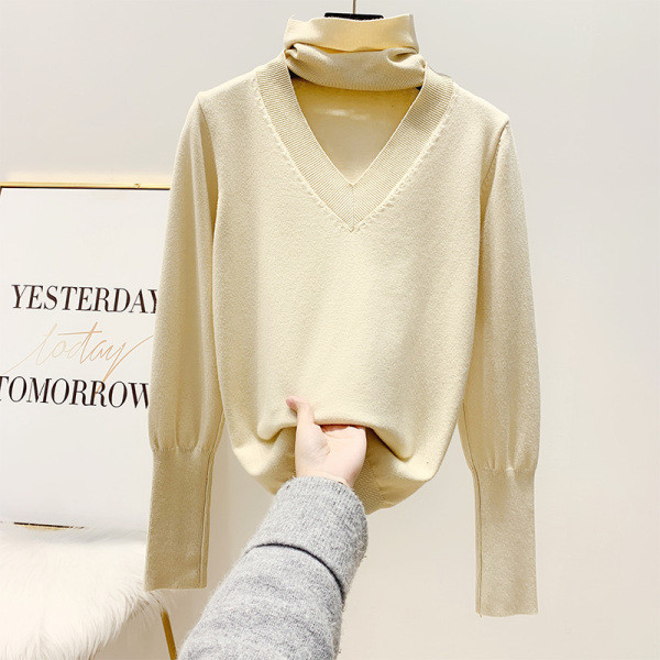 Női pulóver pólógallérral és hosszú ujjú bézs, barna, kék és fekete színben