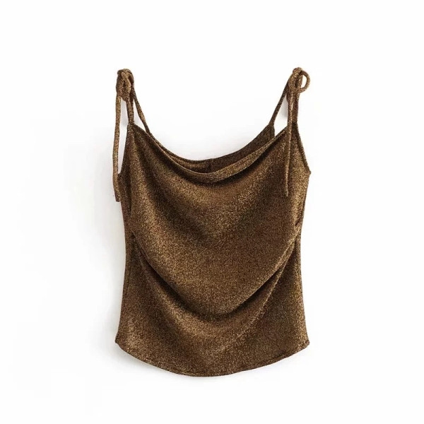 Elegáns rövid felső, vékony barna és fekete pántokkal, fényes hatással