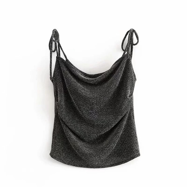 Elegáns rövid felső, vékony barna és fekete pántokkal, fényes hatással