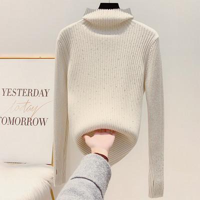 Modern női pulóver magas gallérral és kövekkel fekete, barna, rózsaszín és bézs színben