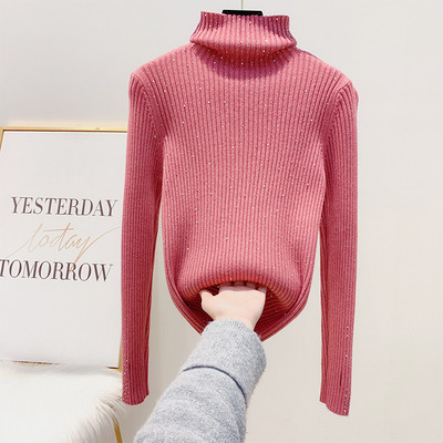 Modern női pulóver magas gallérral és kövekkel fekete, barna, rózsaszín és bézs színben