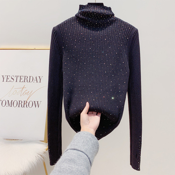 Modern női pulóver magas gallérral és kövekkel fekete, barna, rózsaszín és bézs színben