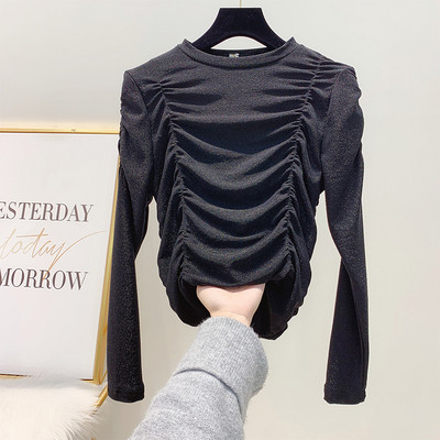 Γυναικεία μπλούζα με γυαλιστερό εφέ και οβάλ λαιμόκοψη σε μαύρο και γκρι χρώμα