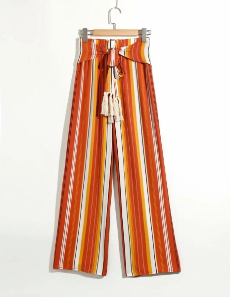 Pantaloni casual în dungi de primăvară-vară, cu talie elastică și cravate