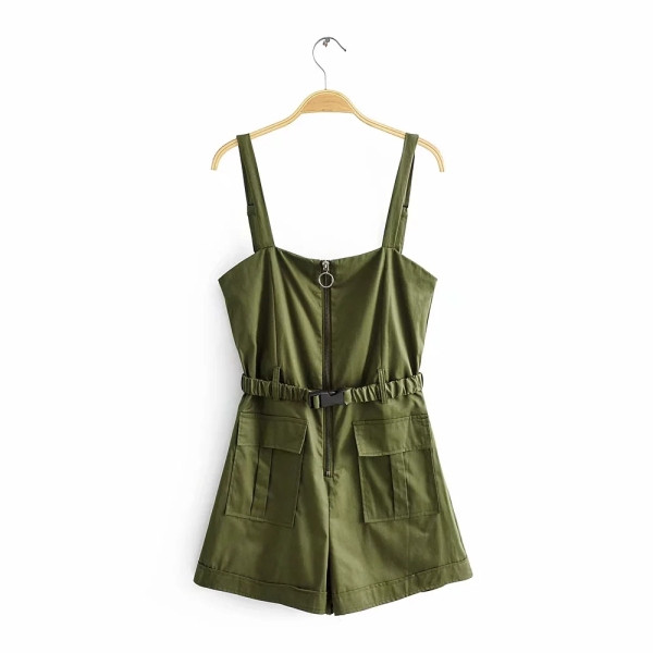 Κοντή γυναικεία ολόσωμη φόρμα με φερμουάρ και λωρίδες σε πράσινο χρώμα