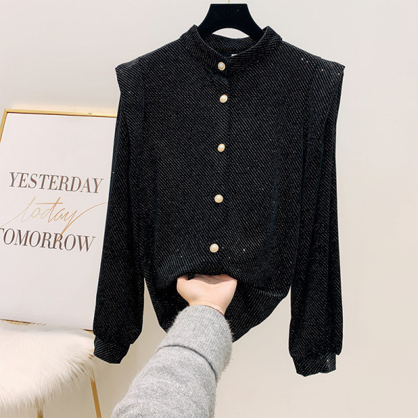 Modern női ing fényes hatású gombokkal és széles ujjú bézs és fekete színben